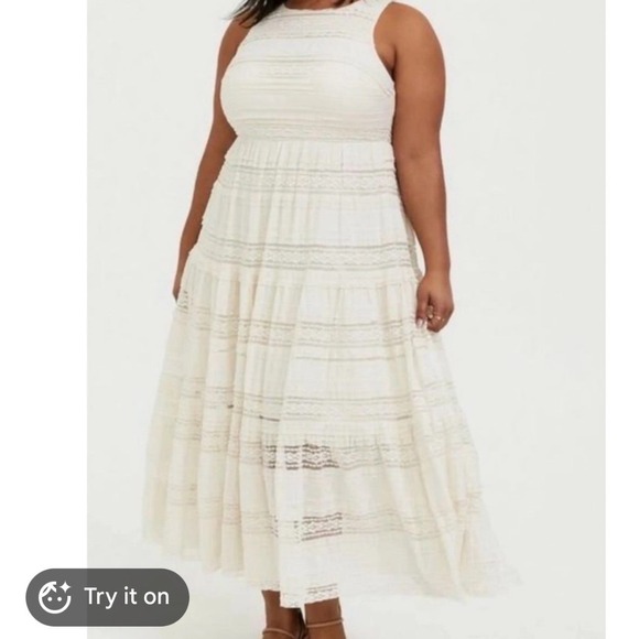 torrid Dresses & Skirts - Torrid Ivory Lace Tiered Maxi Dress Womens 18 Sleeveless Ruffle Pom Pom Boho